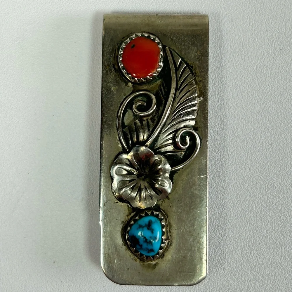 Vintage Native Turquoise Coral Money Clip